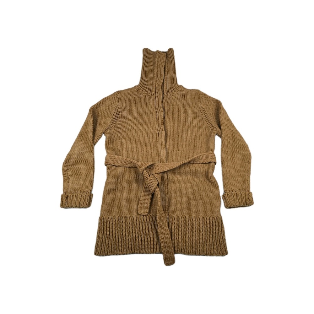 New York & Company Camel Tan Belted Snap Front High Neck Cardigan Sweater L